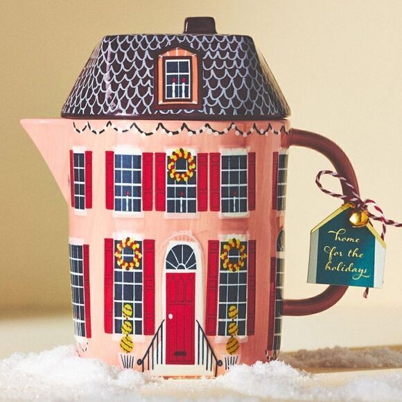 NWT ANTHROPOLOGIE Christmas Chalet Teapot Holiday House Pink Red - Picture 1 of 7